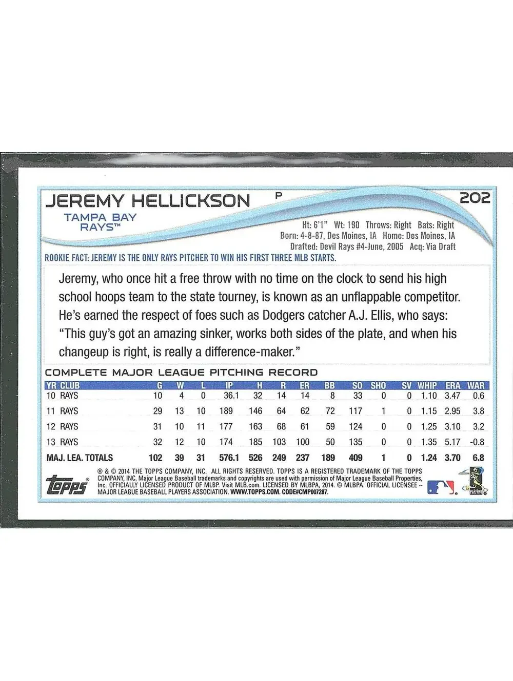 2014 Topps #202 Jeremy Hellickson HAND SIGNED